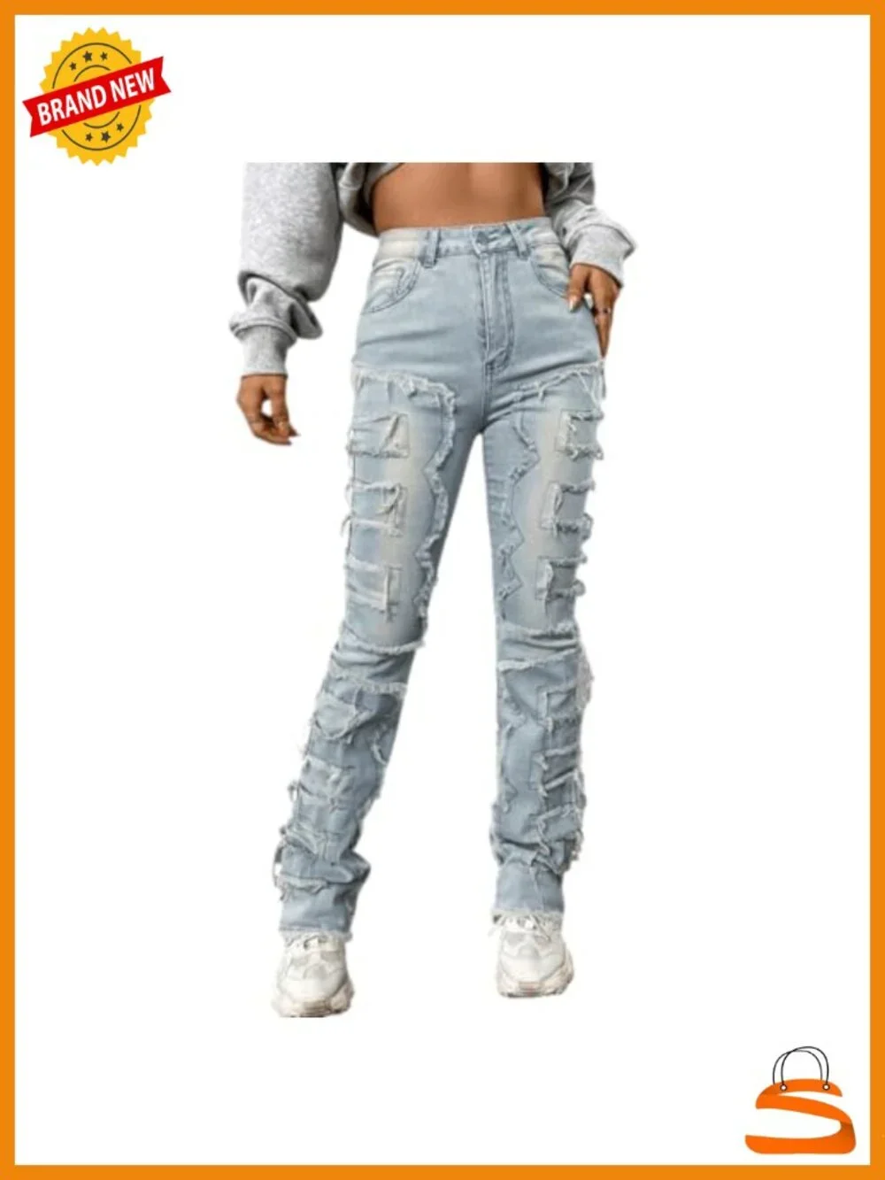High Waisted Straight Leg Slim Fit Raw Hem Patchwork Stretchy Y2K Stacked Mom
